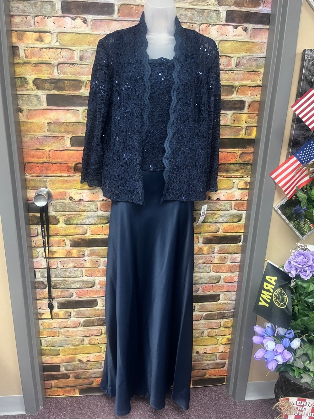 Alex Evenings Navy Lace Sequin Evening Top